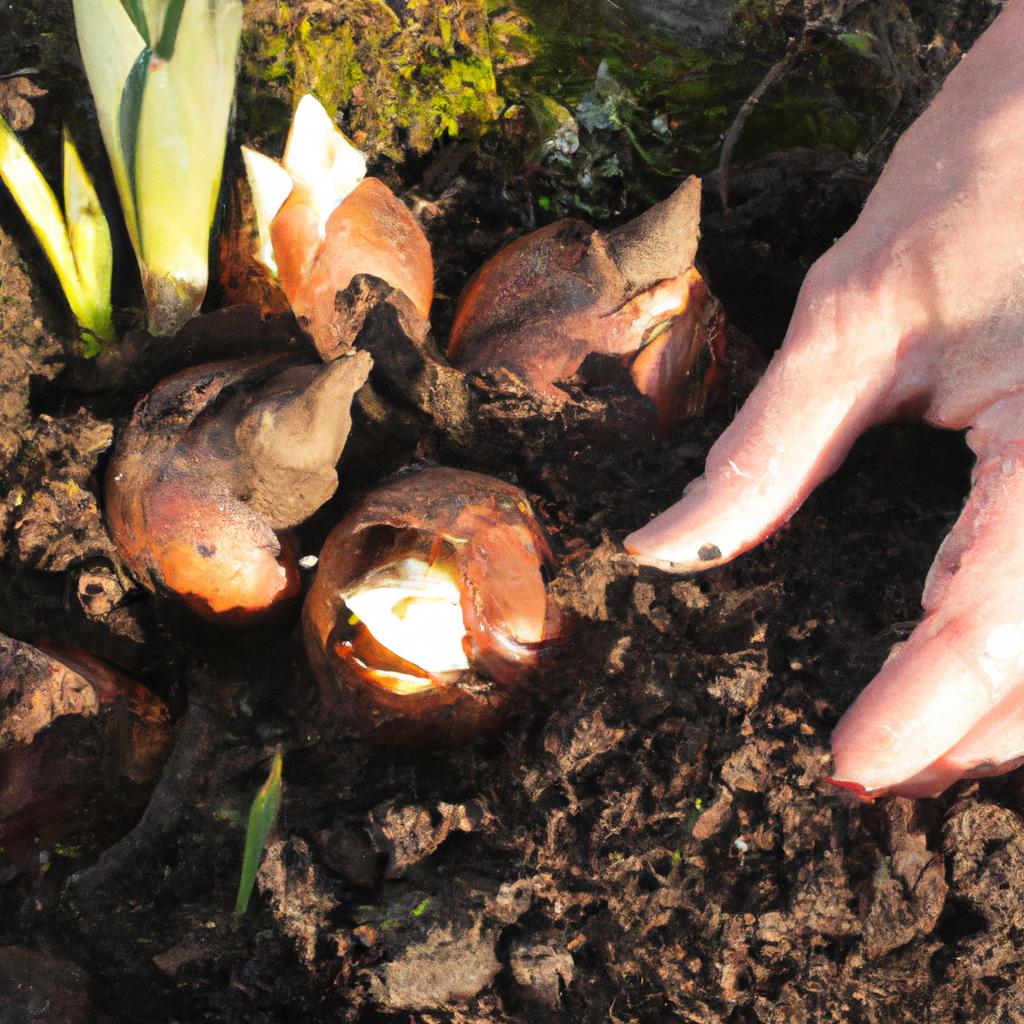 Person planting daffodil bulbs outdoors