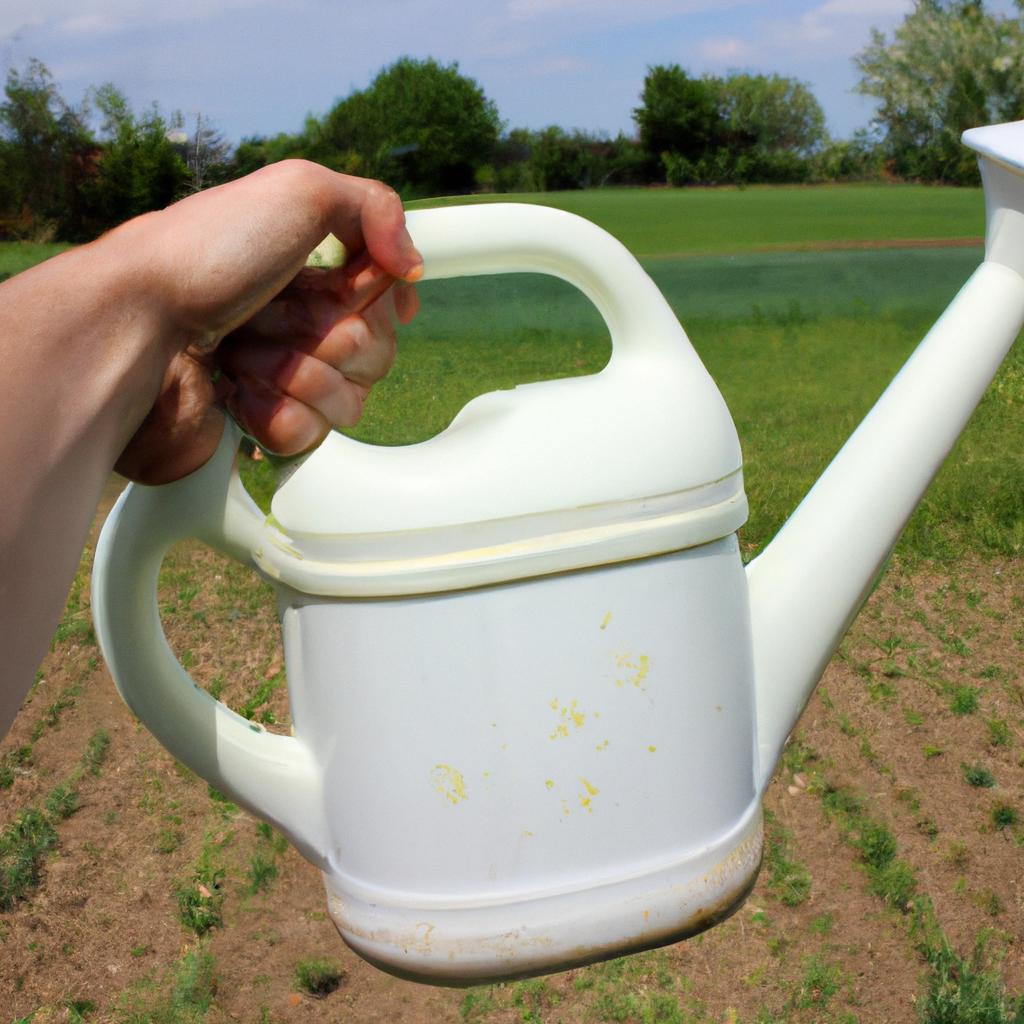 Person holding watering can, fertilizing