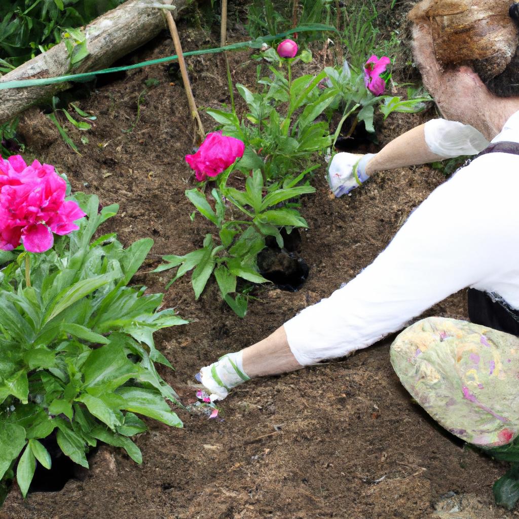Woman planting peonies in garden