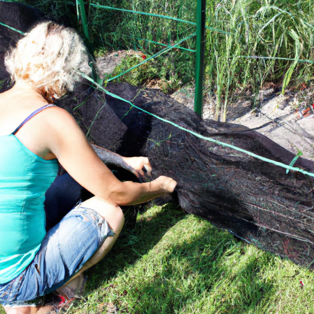 Woman installing mesh fence, gardening